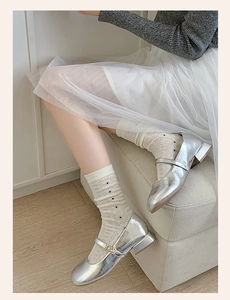 Detail of silver metallic Mary Jane shoes with pearl strap and white lace mesh socks