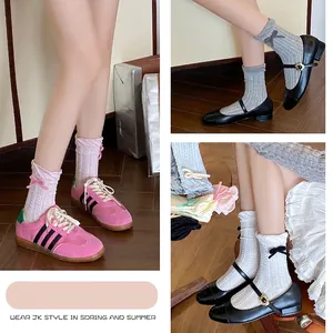JK style bow socks with cable knit texture and ruffle trim in multiple soft colors