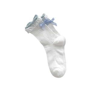 White ballet style calf socks with blue bow, lace trim and bear pattern for women