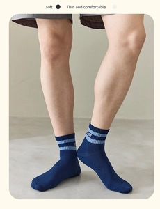Detail of navy blue striped men's sport socks with FAST lettering and soft ribbed texture