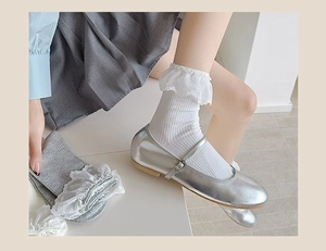 Detailed view of white ribbed lace trim crew socks paired with silver Mary Jane shoes