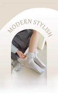 Detail of white rib-knit socks with exquisite wavy lace trim and elastic cuffs