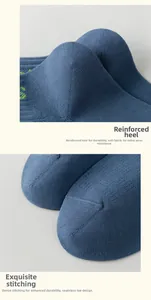 Dettaglio di calzini in cotone blu con tallone rinforzato e cucitura piatta in punta