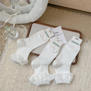 Women Socks Cotton Blend Lace Trim Ribbed Floral Embroidery Breathable Sweet Lolita Style Accessory