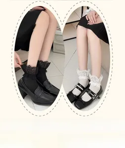 Detailed view of vertical striped lace ankle socks paired with classic Mary Janes