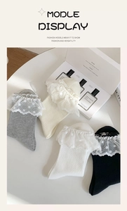 Detailed close-up of ribbed cotton socks featuring delicate white lace ruffle edges