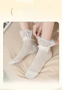 Close-up of beige ribbed socks featuring intricate white lace trim and elastic cuffs
