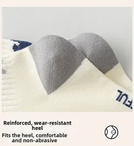 Detail of reinforced gray heel and blue FUL letter embroidery on cotton sport socks