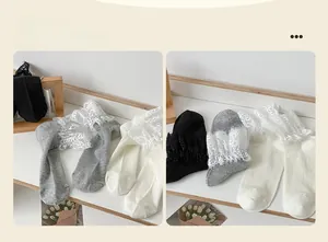 Detail of sweet Lolita lace trim socks in black, gray, and cream with knit texture