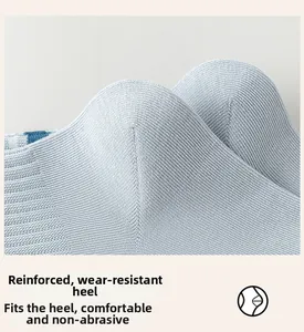 Detail view of the reinforced heel design on light blue striped breathable sports socks