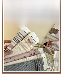 Detailed knit texture of cream lace socks with a bow accent in a woven basket