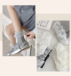 Detail of sweet lolita mid-tube socks with white lace polka dot ruffles and ribbed texture