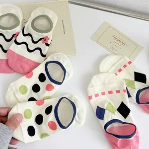 Women's low cut cotton invisible boat socks with polka dots and wave patterns