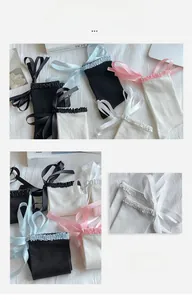 Detail of sweet Lolita socks with elegant ruffled edges and satin ribbon bows in four colors