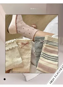Detail of sweet Lolita crew socks featuring ruffles, bows, and various floral patterns