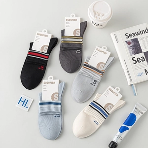 Men Crew Socks Cotton Blend Breathable Mesh Striped Ribbed Cuff Casual Athletic Letter Print Comfortable Seamless Toe