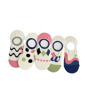 Five pairs of low cut invisible boat socks in assorted pastel colors and patterns