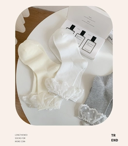 Close-up of lace trim with polka dot embroidery on white, beige, and grey mid-calf socks