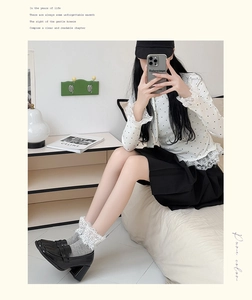 Japanese style outfit featuring white polka dot lace top and grey lace trim socks