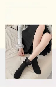 Detail of sweet Lolita black knit ankle socks with delicate lace trim on feet