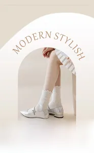 Detail of white knit socks with pink polka dots and ruffled cuffs styled with silver shoes