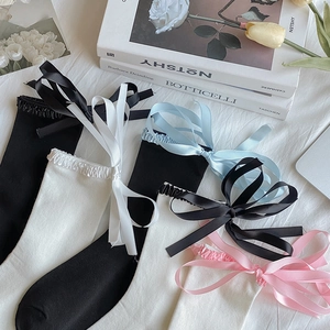 Lolita style cotton socks with ruffled cuffs and large satin bows in various colors