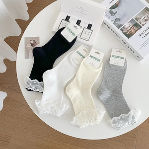 Women Mid Calf Socks Cotton Blend Ribbed Knit With Lace Frill Trim Polka Dot Mesh Sweet Lolita Style