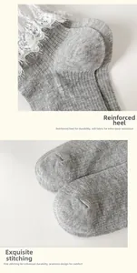 Detail view of reinforced heel and flat seam on grey lace-trimmed knitted cotton socks