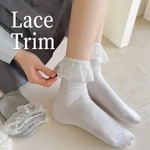 White and grey sweet lolita style mid-calf socks with vertical knit and lace trim edge