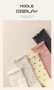 Detailed view of five-color polka dot socks with elegant ribbed ruffle edges for women