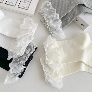 Sweet Lolita white and pastel rib-knit socks with delicate dot lace ruffled trim