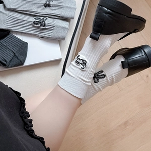 Women's mid-calf ribbed socks with sweet bow and letter embroidery in three colors