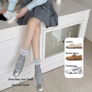White lace trim socks for women paired with silver Mary Jane shoes and loafers
