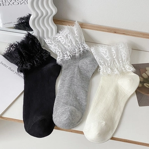 Women Sweet Lolita Crew Socks Lace Ruffle Trim Cotton Ribbed Knit Breathable Solid Color For Spring Summer