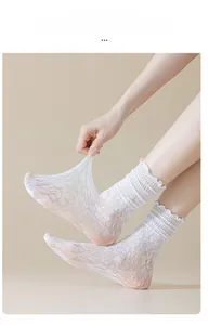 Elastic white lace mesh ballet socks with ruffle cuffs showing superior high stretch fit