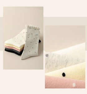 Detailed view of polka dot cotton socks with lettuce edge cuffs in five assorted colors