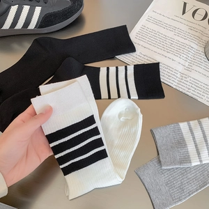 Classic striped cotton mid-tube socks in black, white, and grey for women