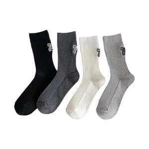 Set of four cotton crew socks with bow embroidery in black, grey and beige tones