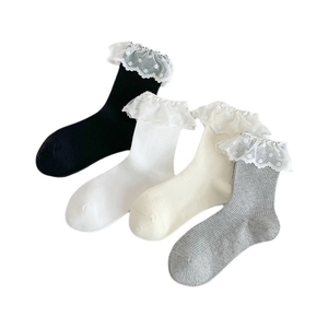 White and grey sweet lolita style socks with delicate polka dot lace trim and ribbed texture