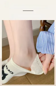 Detail of cute cat pattern on non-slip invisible low cut socks with elastic cuff