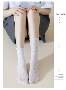 Detail of white lace mesh high socks featuring floral eyelet patterns and scalloped edges