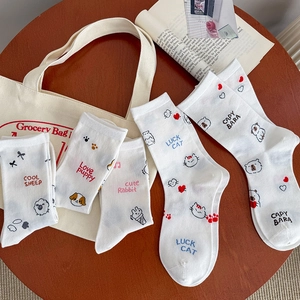 Mid Calf Crew Socks Combed Cotton Cartoon Animal Pattern Korean Fashion Sweet Soft Breathable Hosiery For Women