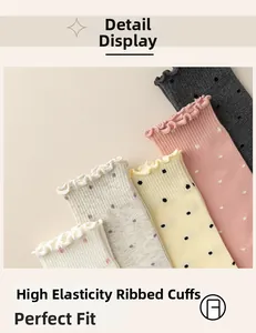 Detail showing high-elastic ribbed cuffs with frilled edges on colorful polka dot socks