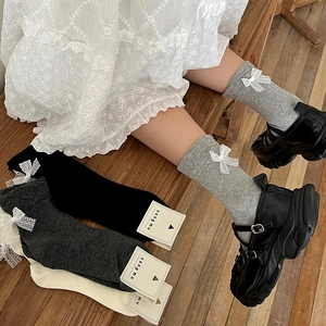 Calzini Da Donna A Metà Polpaccio In Maglia Di Cotone Con Fiocco In Pizzo Stile Lolita Traspirante E Morbido