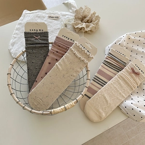 Women Sweet Mid Calf Socks Combed Cotton Breathable Lace Trim Bowknot Lolita Balletcore Patterned Hosiery