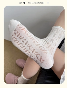 Detail of white hollow knit pattern on thin mesh crew socks showing breathable texture