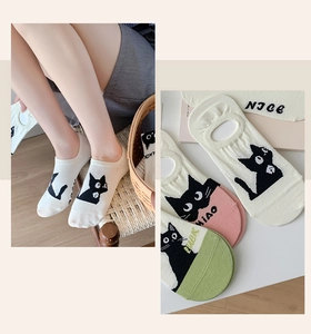 Detail of cartoon cat invisible socks with anti-slip heel and cute embroidered patterns