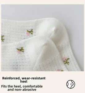 Detail of reinforced heel on white floral mesh sock showing breathable texture and durability