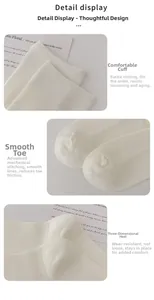 Detail view of white cotton socks showing elastic cuff, flat-sewn toe and 3D ergonomic heel