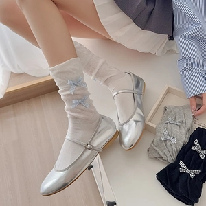Women's sweet lolita style white slouch socks with blue plaid bows and silver Mary Janes